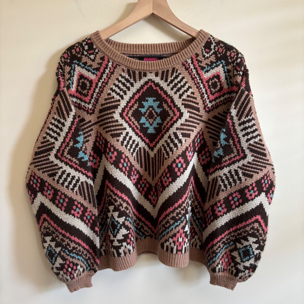 Rock & Roll Denim Womens Southwestern Geometric Knit Crew Neck Sweater Brown L